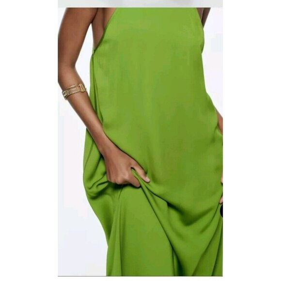 ZARA Dress WOMAN NWT EFFECT HALTER Spli Green 4437 080 Small 18" Ptp Viscose - Picture 4 of 9